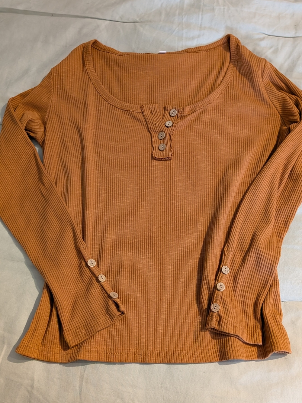 Women's Long-Sleeve Ribbed Henley Top - Rust